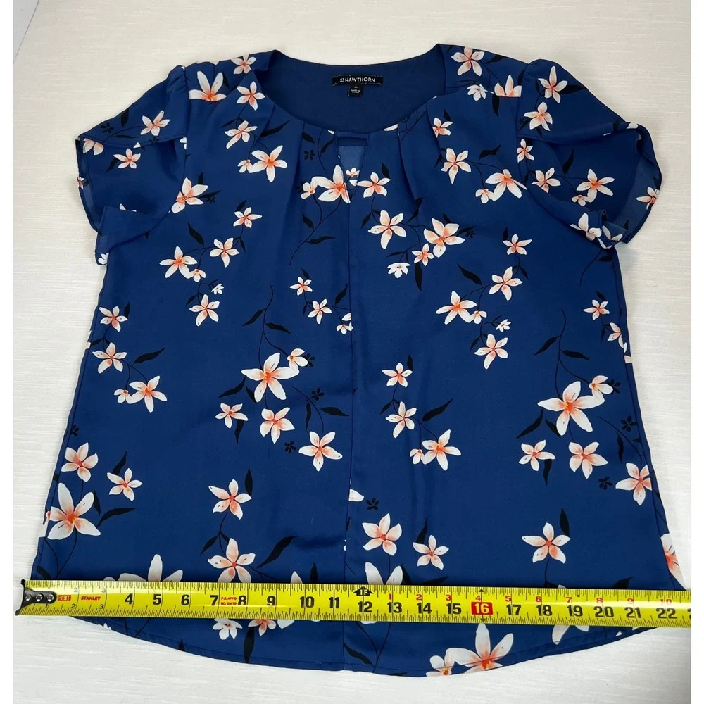 41 Hawthorn Blue Floral Keyhole Pleated Blouse Short Tulip Sleeve Top Large - Picture 5 of 12
